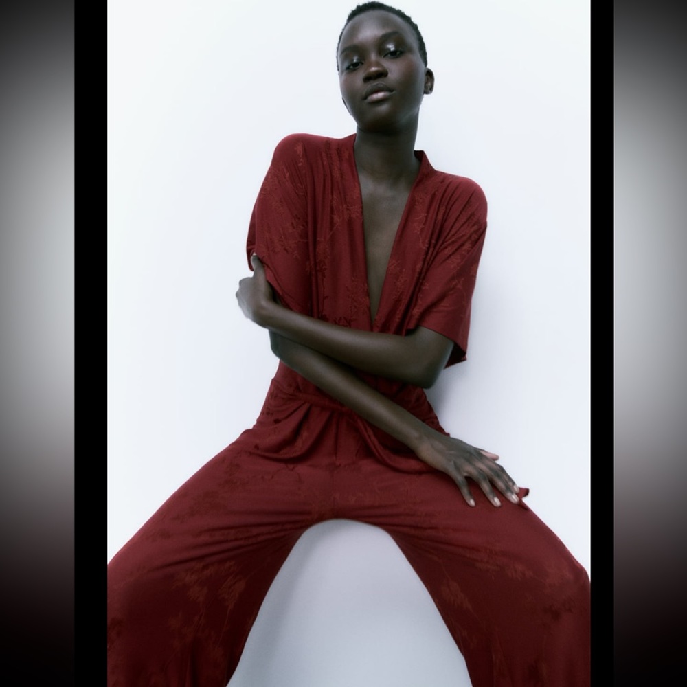 Zara Burgundy Jacquard Jumpsuit - Picture 3 of 8